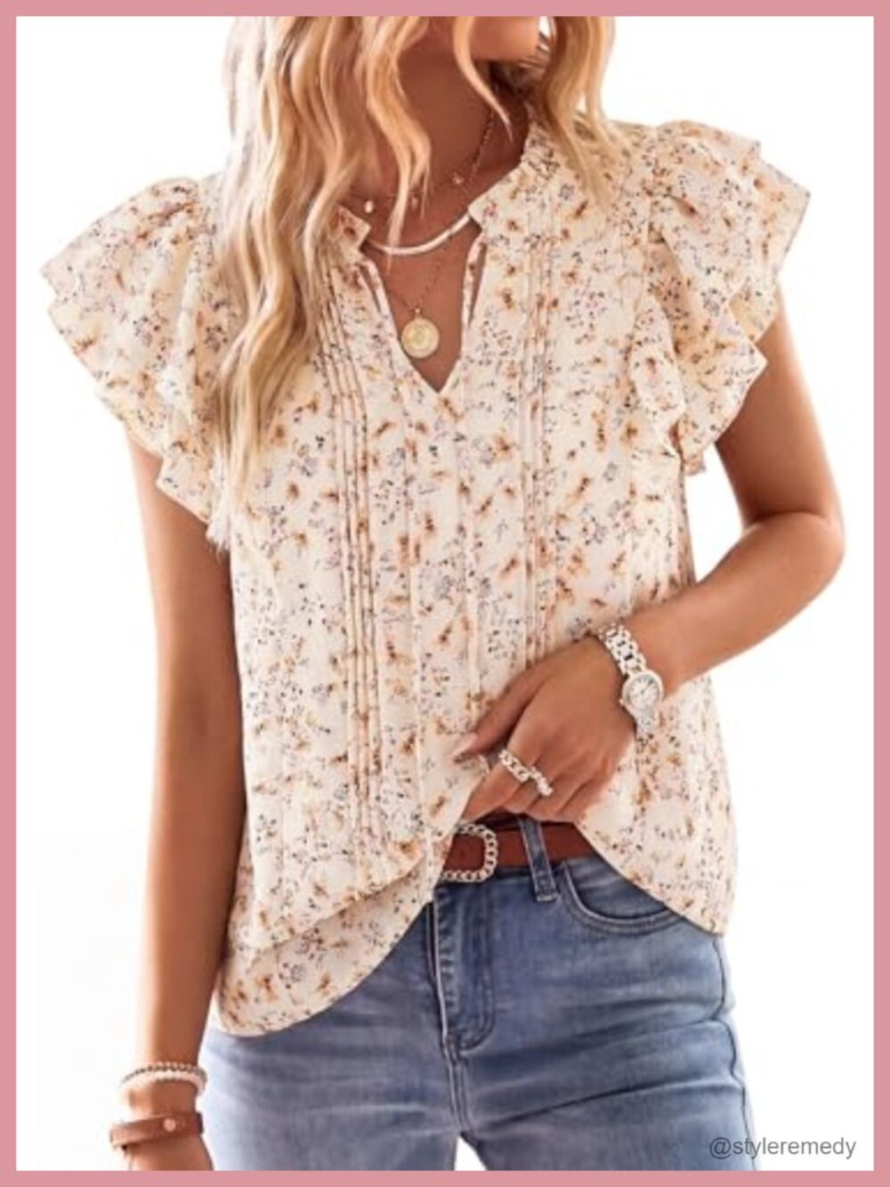 Flutter Sleeve V-Neck Pleated Floral Blouse Casual Summer Top